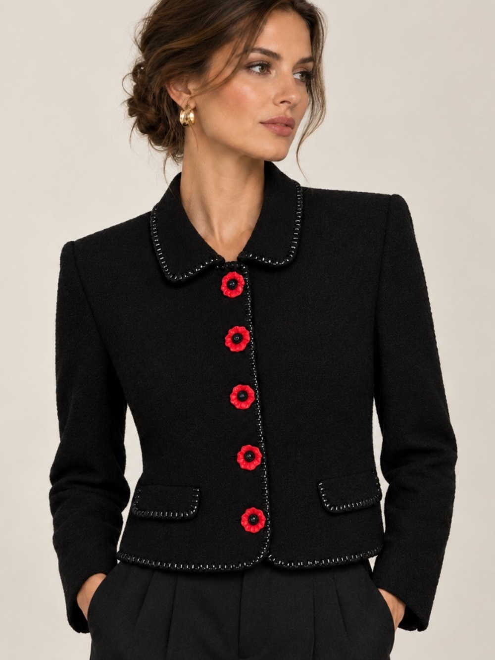 Vtg Rickie Freeman TJ Suits Black Wool Jacket 3D Red Poppy Saks Jandel Sz 10